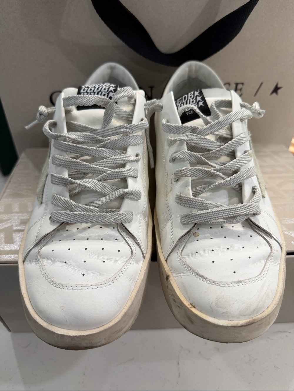 Golden Goose StarDan White Leather Low-Top Sneakers with Gray Star and Navy Heel - Picture 3 of 8